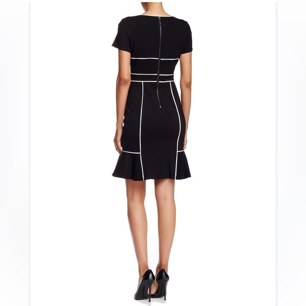 Nue By Shani Black/White V-Neck Piped Detail Tulip Hem Midi Dress. Size 8. - Picture 2 of 10